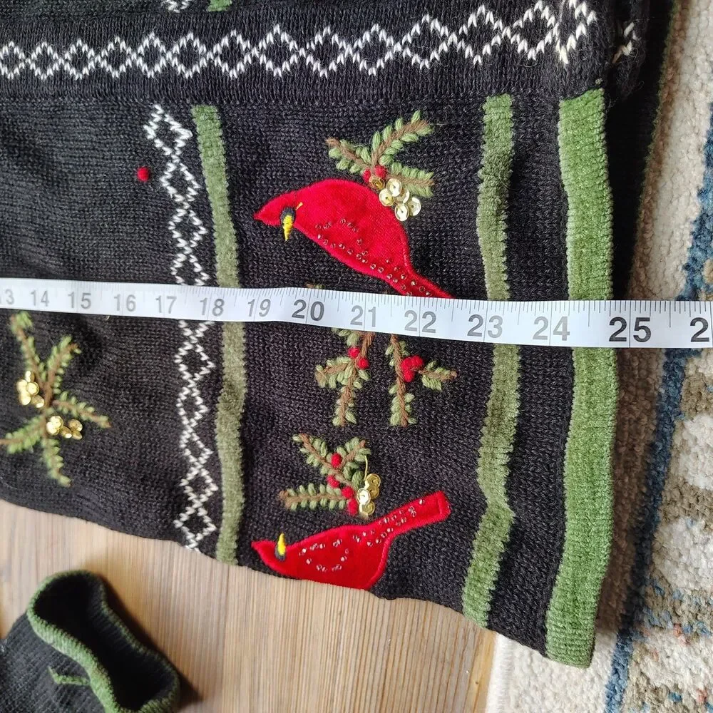 Vintage Christmas Cardinal Bird Cardigan Sweater Size Small Embellished Cottage - Picture 9 of 10